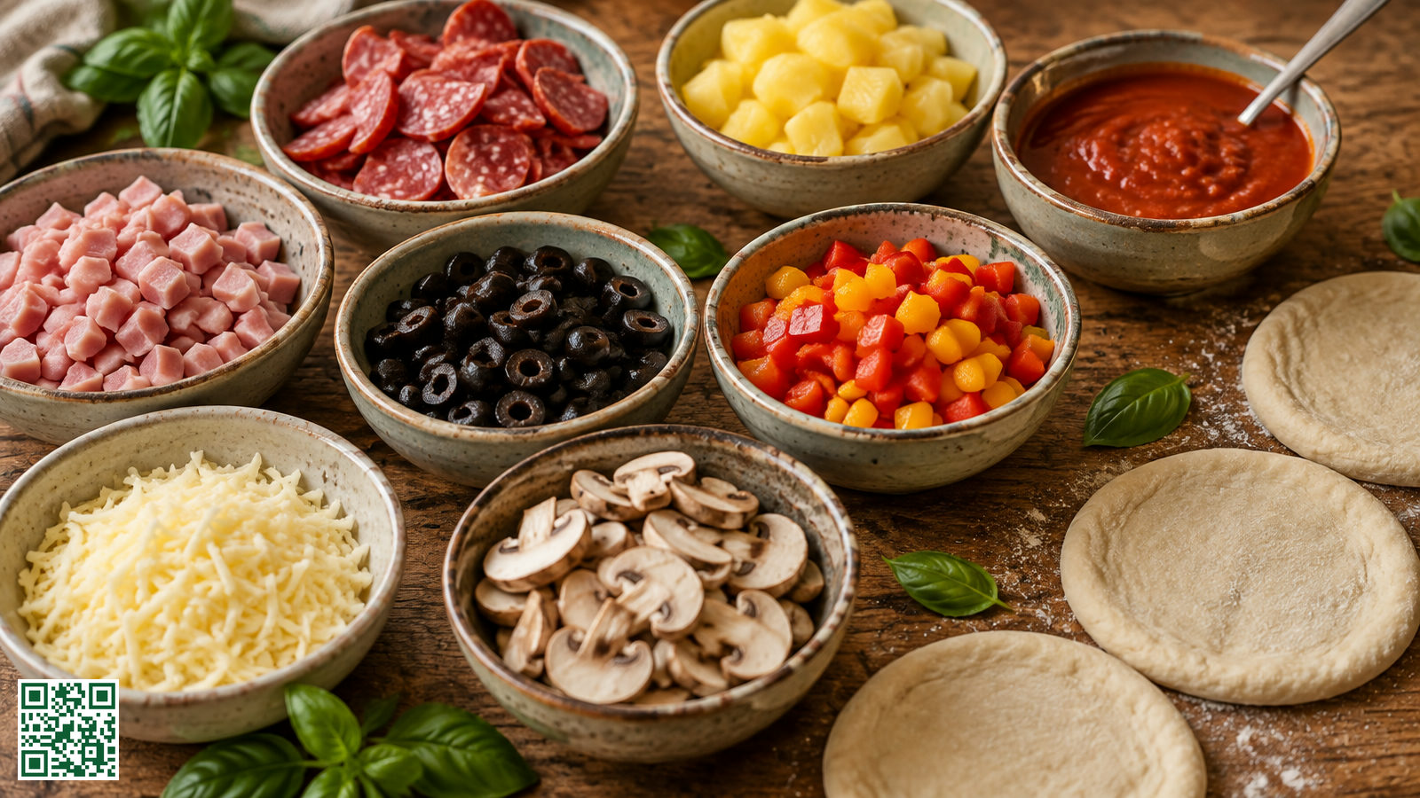 Kleine schaaltjes met fijngesneden pizzabeleg, geraspte kaas en tomatensaus op een houten tafel