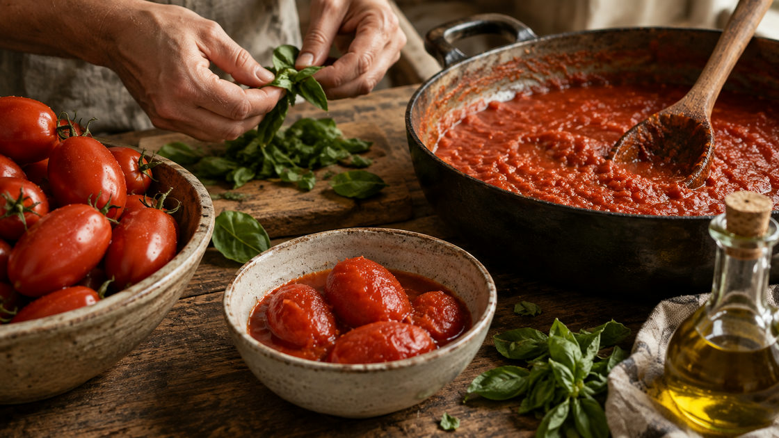 Verse pruimtomaten, een pan dikke tomatensaus en basilicumblaadjes op een houten tafel