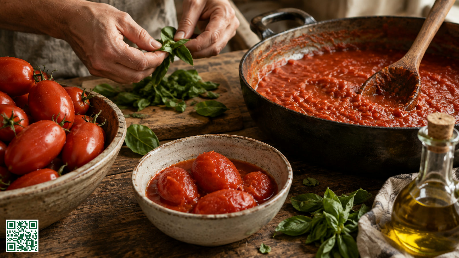 Verse pruimtomaten, een pan dikke tomatensaus en basilicumblaadjes op een houten tafel