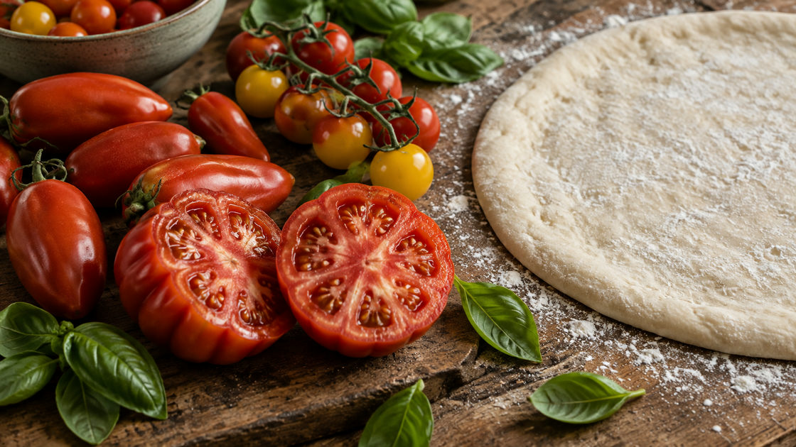 Pruimtomaten, cherrytomaten en een doorgesneden vleestomaat op een houten plank naast een rauwe pizzabodem