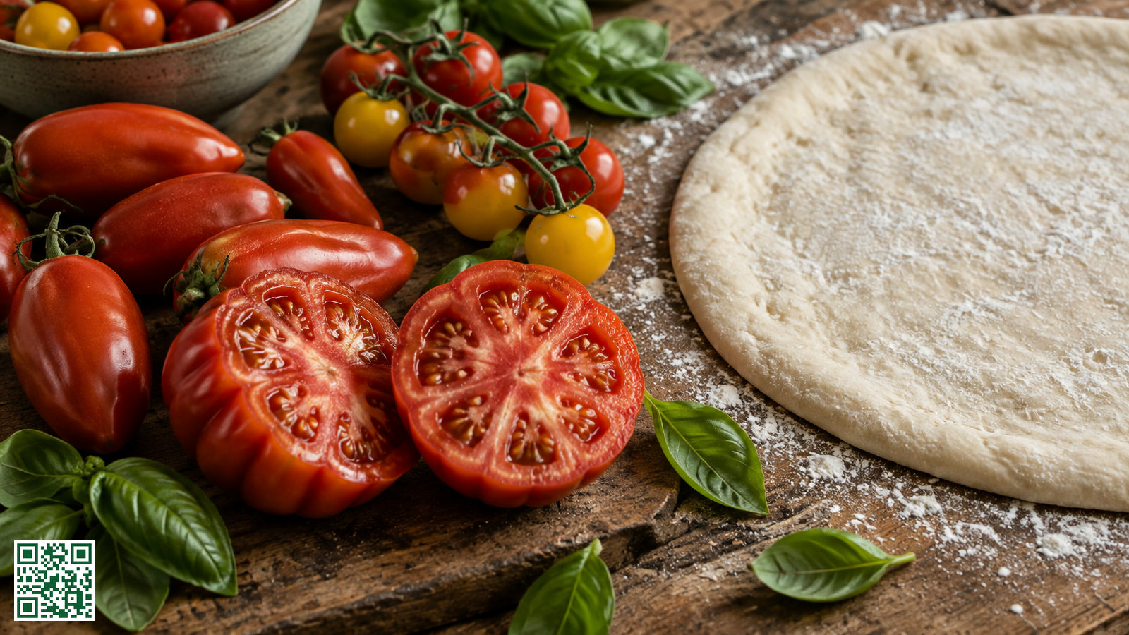 Pruimtomaten, cherrytomaten en een doorgesneden vleestomaat op een houten plank naast een rauwe pizzabodem