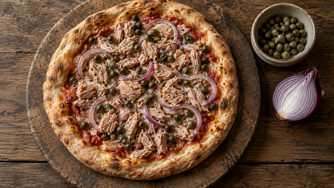 Pizza met stukjes tonijn, ringen rode ui en kappertjes op een houten plank