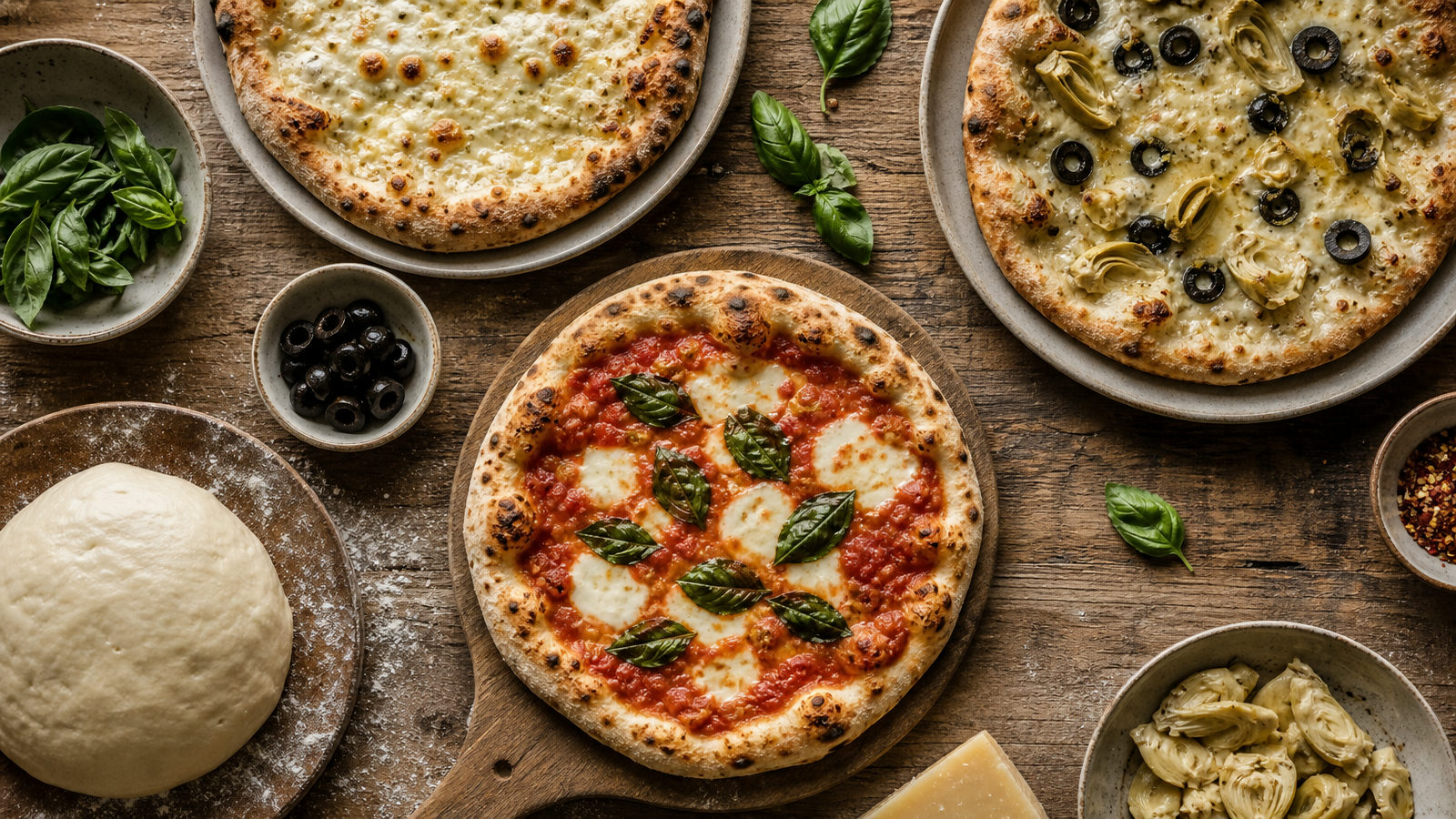 Overzicht van meerdere pizza's met verschillend beleg naast elkaar op een houten tafel