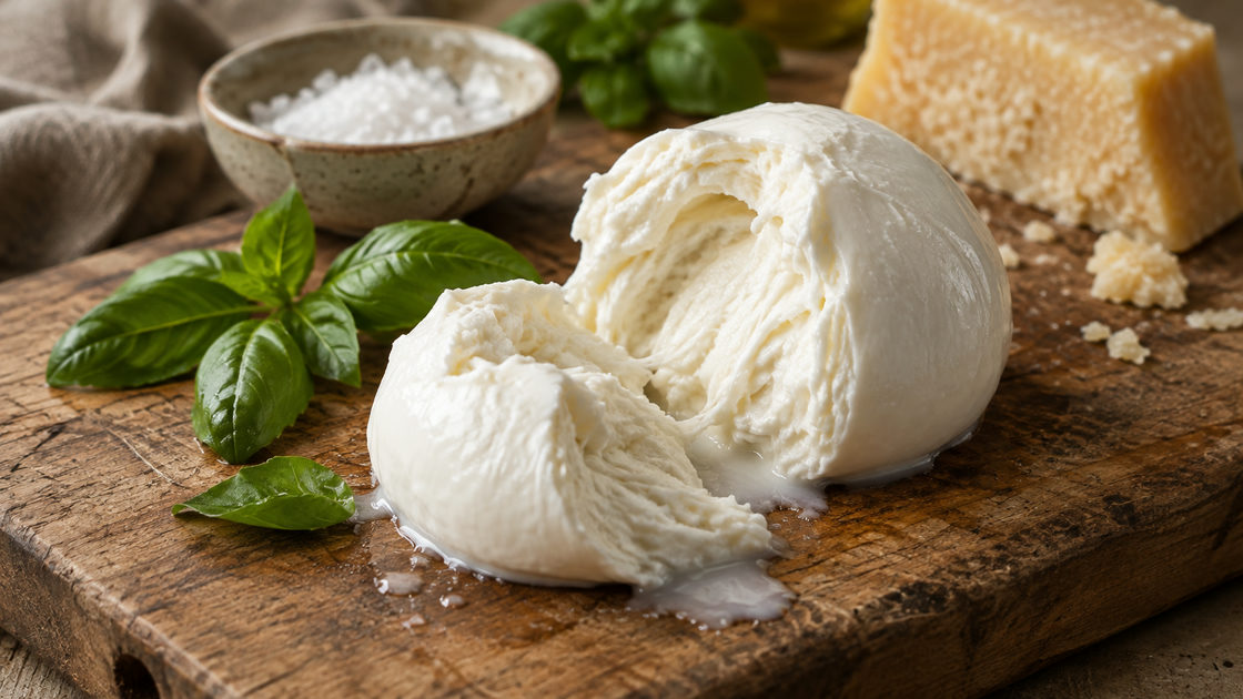 Opengescheurde bol verse mozzarella op een houten snijplank met basilicumblaadjes en een stuk harde kaas op de achtergrond
