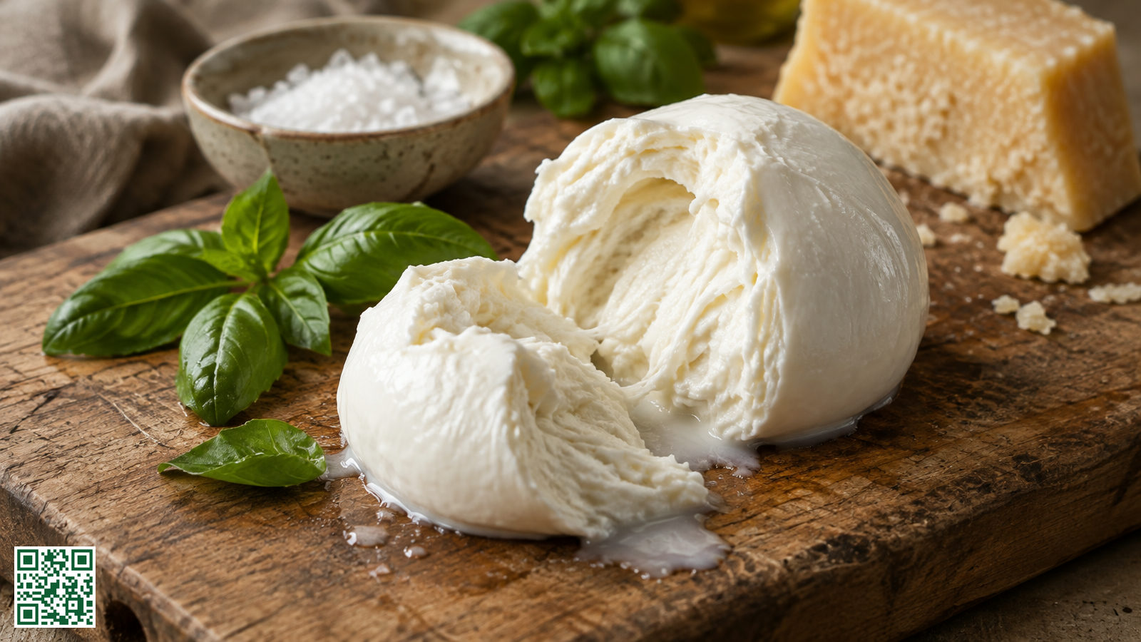 Opengescheurde bol verse mozzarella op een houten snijplank met basilicumblaadjes en een stuk harde kaas op de achtergrond
