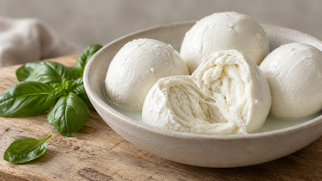 Verse witte mozzarellabollen in een keramische kom met wei, één bol opengescheurd zodat de vezelige binnenkant zichtbaar is