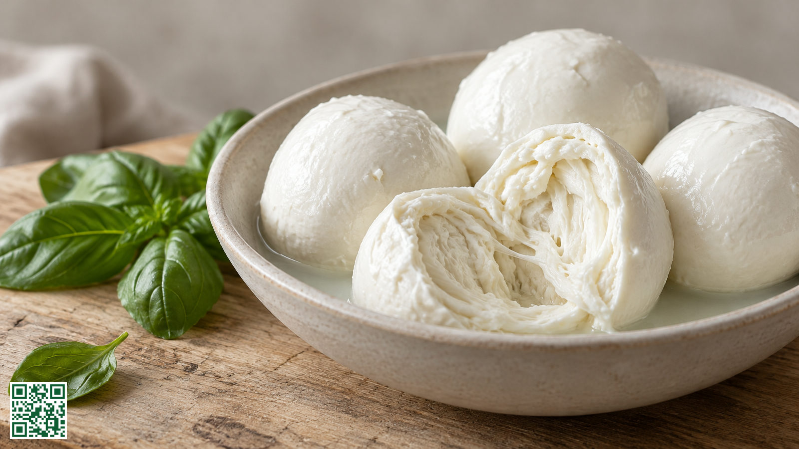 Verse witte mozzarellabollen in een keramische kom met wei, één bol opengescheurd zodat de vezelige binnenkant zichtbaar is