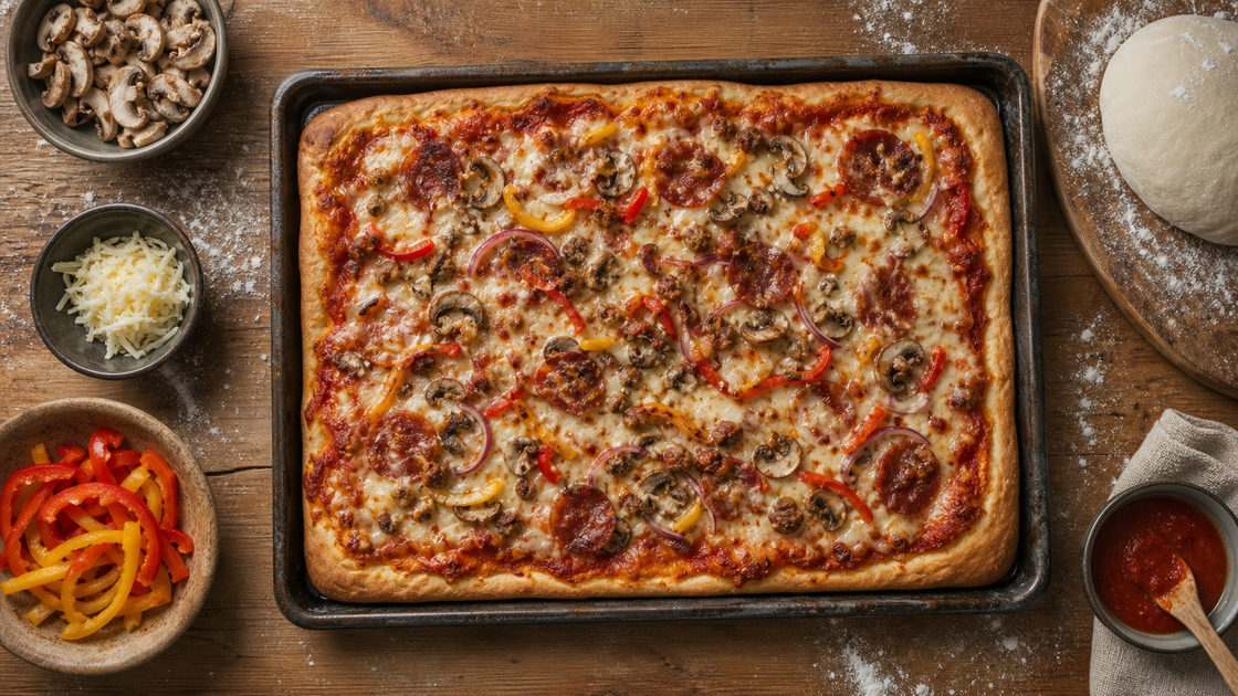 Rechthoekige plaatpizza met tomatensaus en gesmolten kaas op een bakplaat