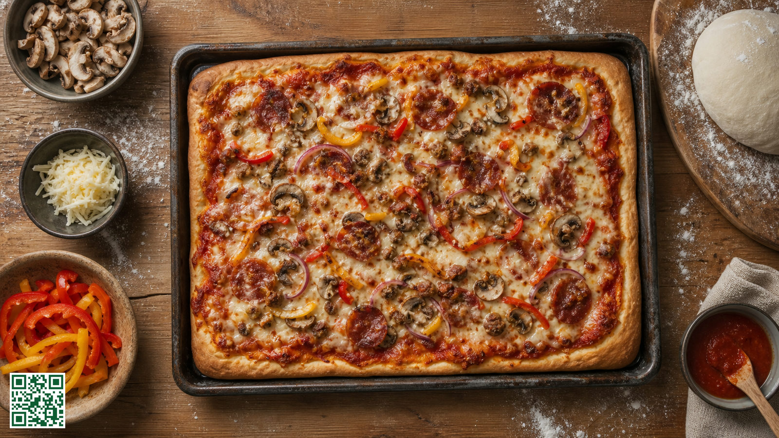 Rechthoekige plaatpizza met tomatensaus en gesmolten kaas op een bakplaat