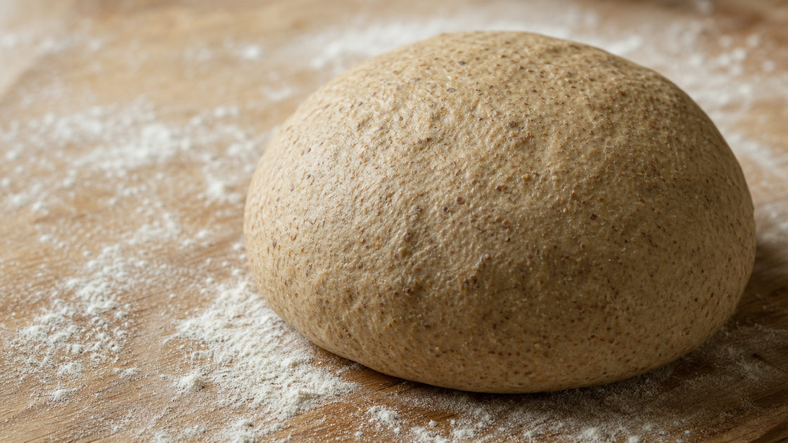 Bol volkoren pizzadeeg met zichtbare zemelen op een bebloemd houten werkblad