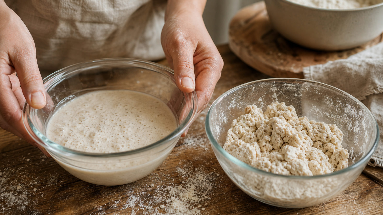 Twee kommen op een aanrecht met een vloeibaar en een stevig voordeeg voor pizzadeeg