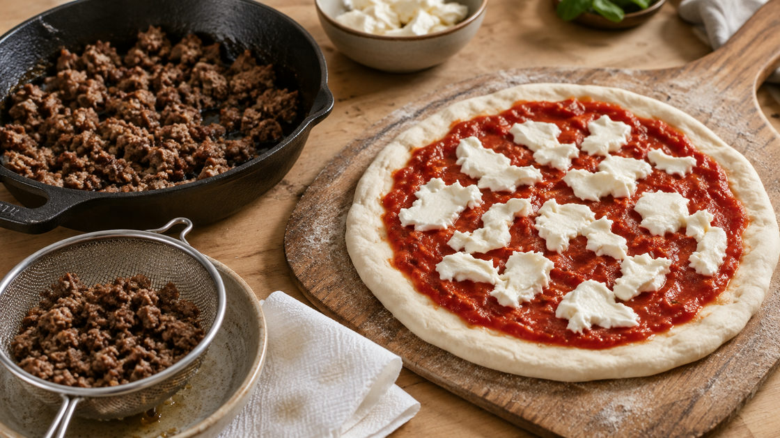 Gebakken rul gehakt in een gietijzeren pan naast een ongebakken pizza met tomatensaus en mozzarella op een houten pizzaschep