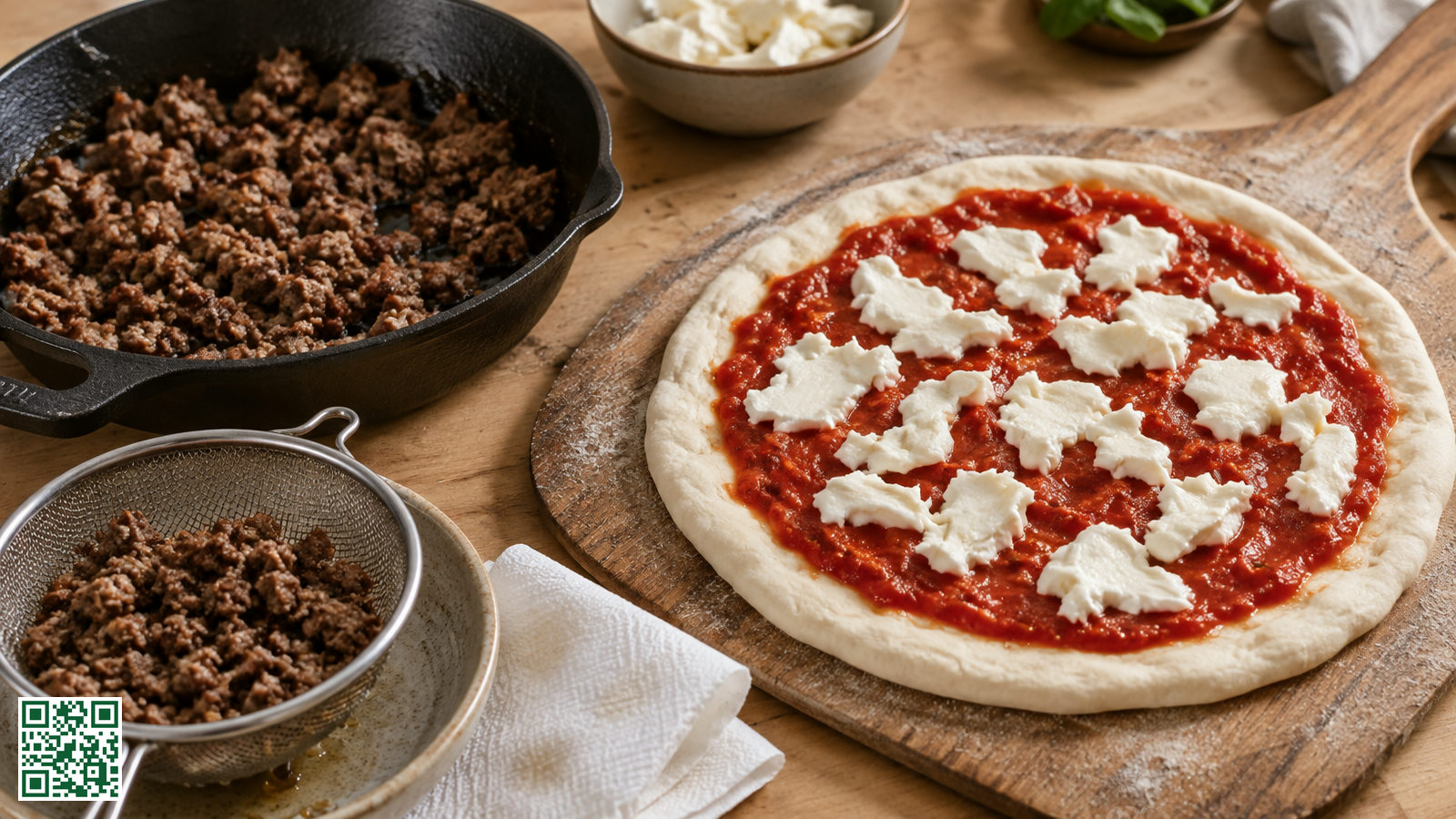 Gebakken rul gehakt in een gietijzeren pan naast een ongebakken pizza met tomatensaus en mozzarella op een houten pizzaschep