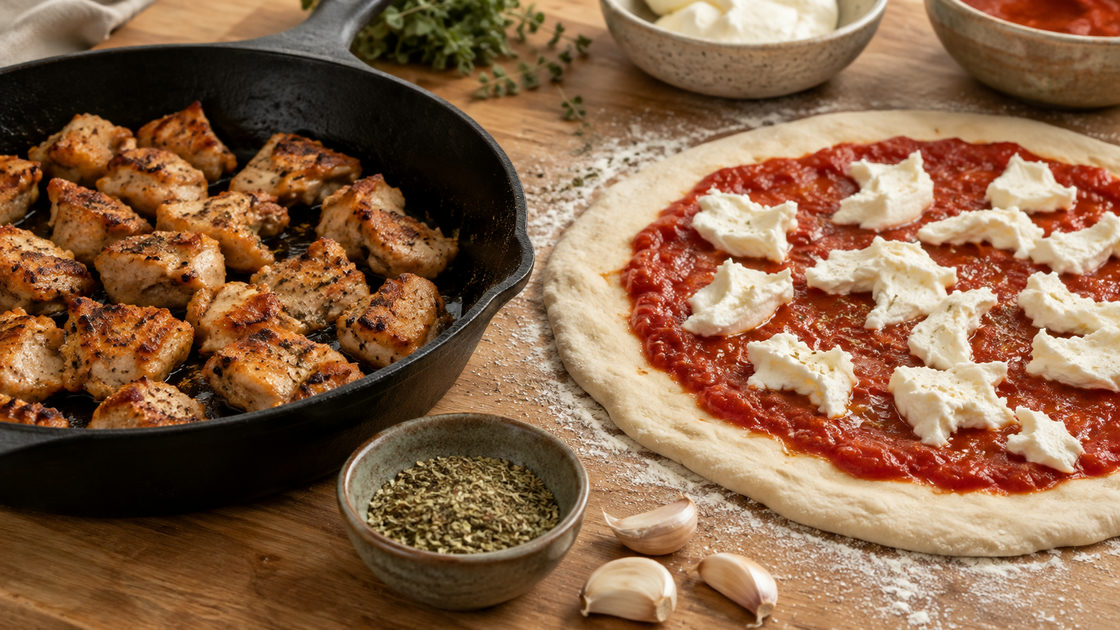 Gietijzeren pan met goudbruin gebakken stukjes kip naast een rauwe pizzabodem met tomatensaus en mozzarella