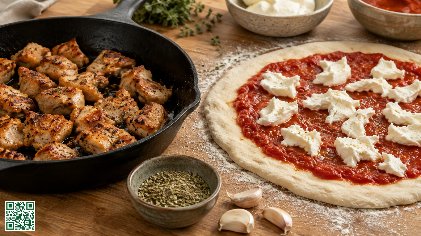 Gietijzeren pan met goudbruin gebakken stukjes kip naast een rauwe pizzabodem met tomatensaus en mozzarella