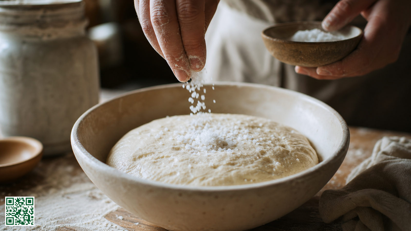 Close-up van zoutkristallen die met de hand over pizzadeeg in een kom worden gestrooid