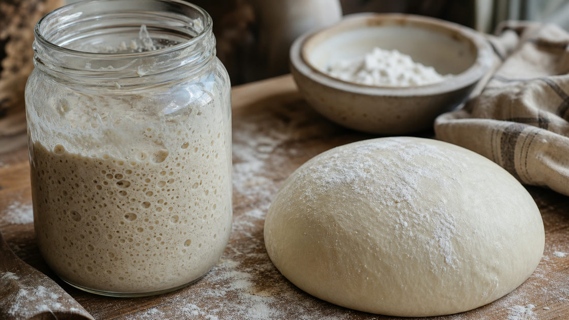 Glazen pot met actieve zuurdesemstarter naast een bol pizzadeeg op een bebloemd werkblad