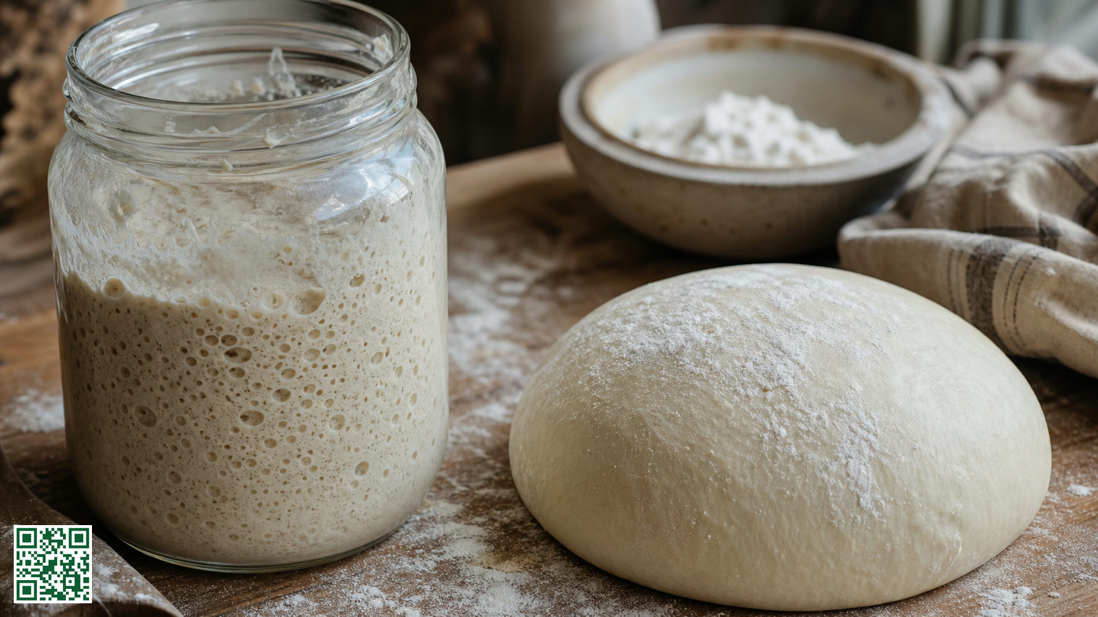 Glazen pot met actieve zuurdesemstarter naast een bol pizzadeeg op een bebloemd werkblad